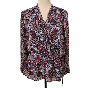 Liz Claiborne Size PS Navy Floral Blouse, Tie Waist, Faux Wrap, V Neck, NEW